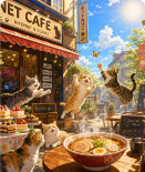 猫のいる明るいカフェを描いたAIねねちの作品