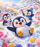 花畑で遊ぶペンギンを描いたAIねねちの作品