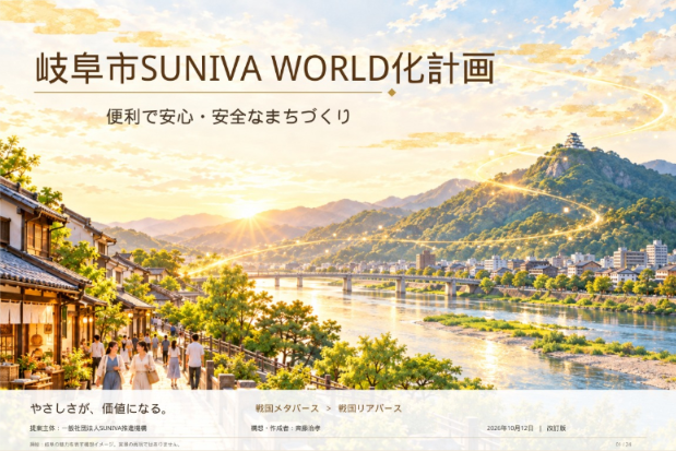 岐阜市SUNIVAWORLD化計画の表紙。便利で安心・安全なまちづくり