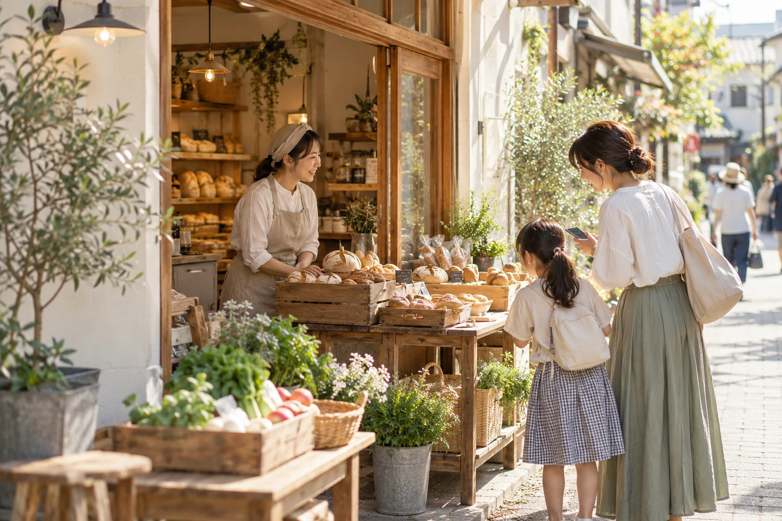 街歩きで見つけた地域のお店で、店主と親子の会話が生まれるイメージ