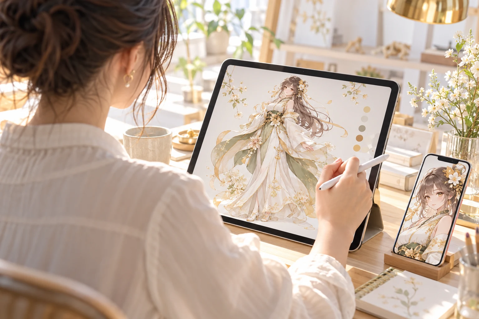 自分のキャラクターをタブレットでつくり、スマホでも楽しむ創作のイメージ