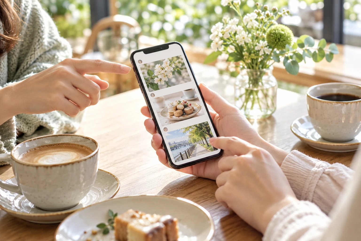 カフェで日常の写真を見せ合い、会話が生まれるイメージ