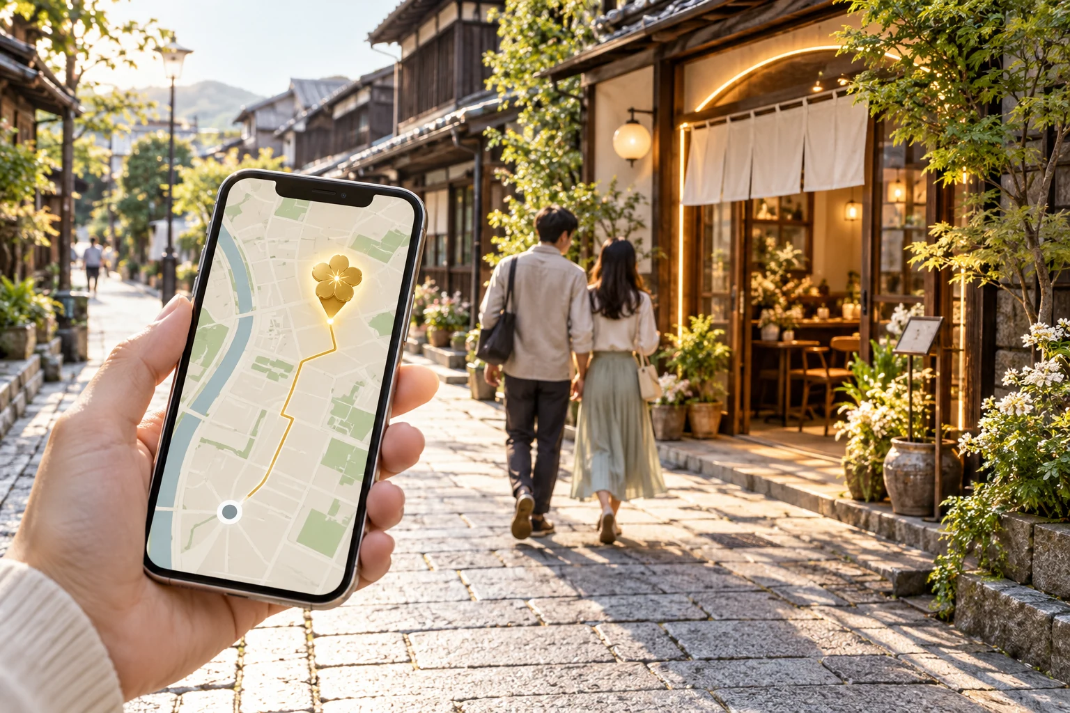 スマホの地図で見つけたお店へ、実際の街を歩いて向かうイメージ