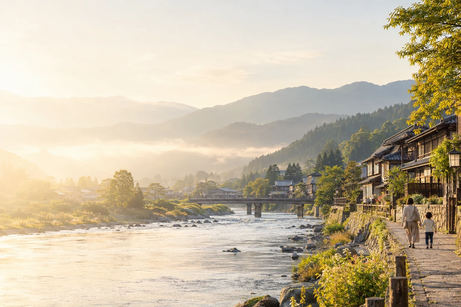 朝の光に包まれた川沿いの街を、親子が歩く風景。未来のイメージ。